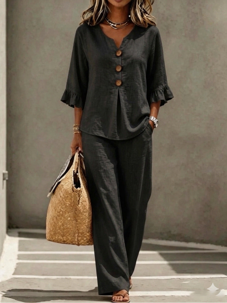 Women's Ruffle-Sleeve Linen Two-Piece Set with Wide-Leg Pants | Georgia