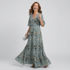 Women's Sage Green Floral Wrap Maxi Dress with Flutter Sleeves | Josephine