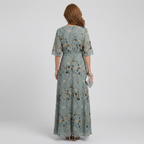 Women's Sage Green Floral Wrap Maxi Dress with Flutter Sleeves | Josephine