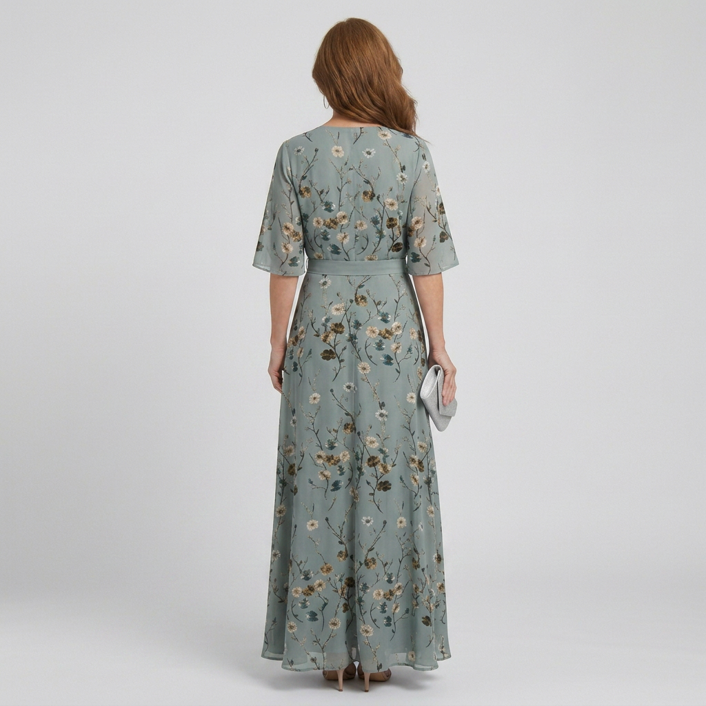Women's Sage Green Floral Wrap Maxi Dress with Flutter Sleeves | Josephine