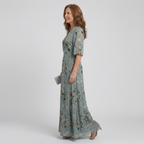 Women's Sage Green Floral Wrap Maxi Dress with Flutter Sleeves | Josephine