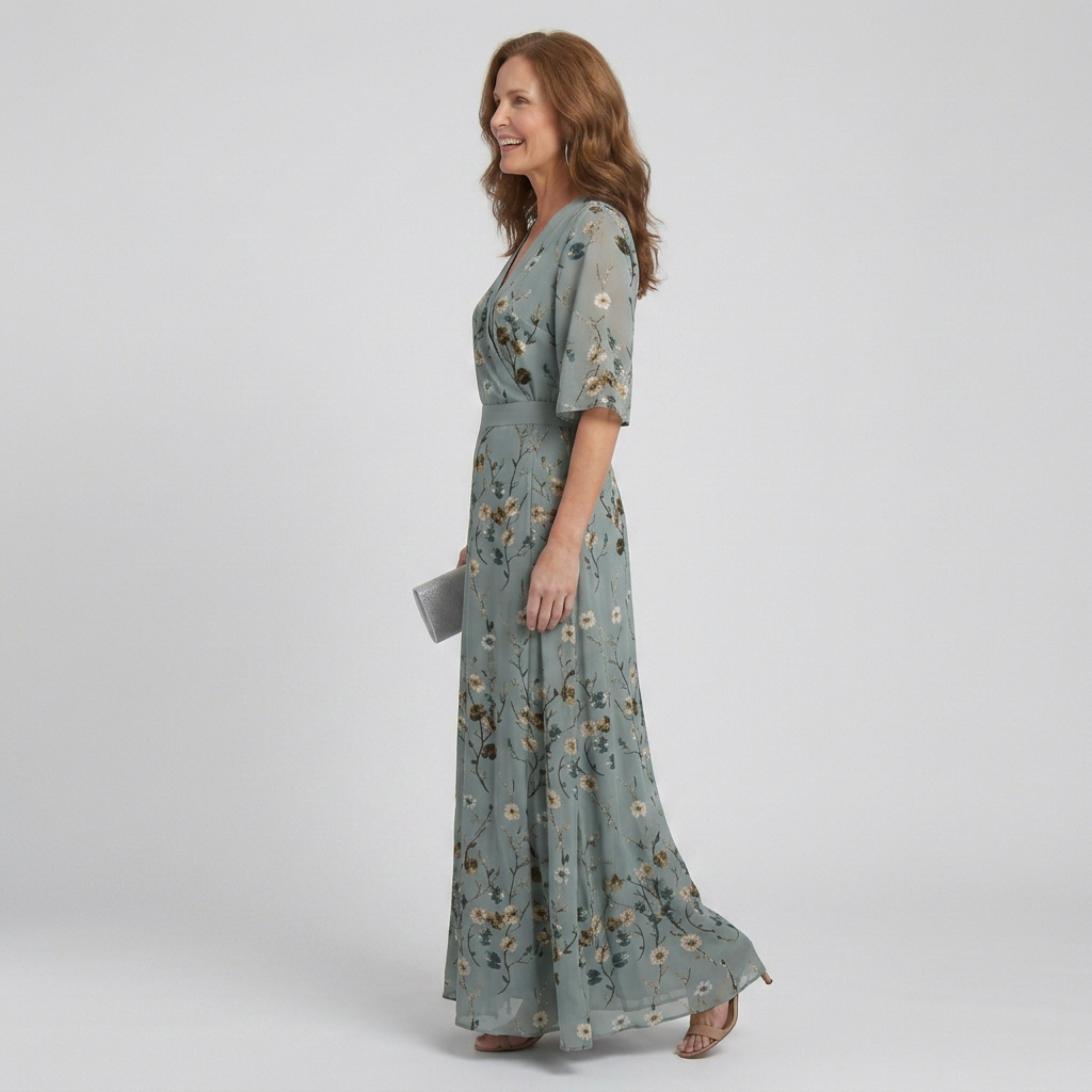 Women's Sage Green Floral Wrap Maxi Dress with Flutter Sleeves | Josephine