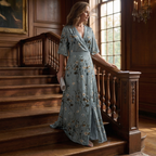 Women's Sage Green Floral Wrap Maxi Dress with Flutter Sleeves | Josephine