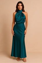 Women's Satin Halter Draped Evening Maxi Dress | Sienna