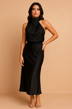 Women's Satin Halter Draped Evening Maxi Dress | Sienna