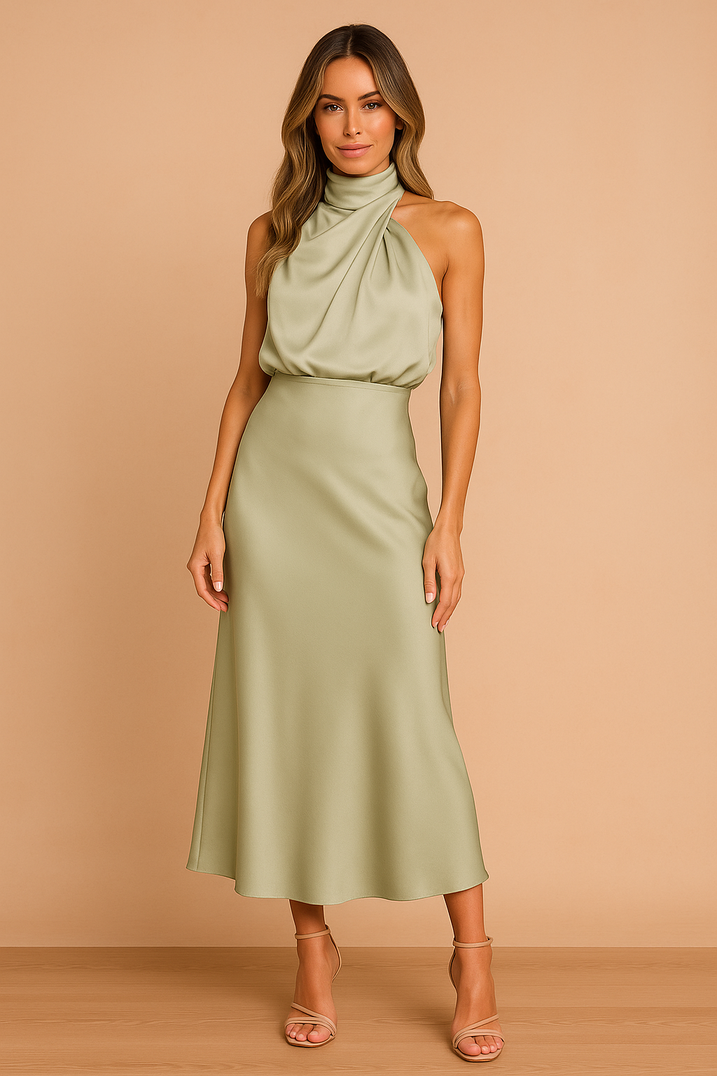 Women's Satin Halter Draped Evening Maxi Dress | Sienna