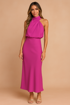 Women's Satin Halter Draped Evening Maxi Dress | Sienna