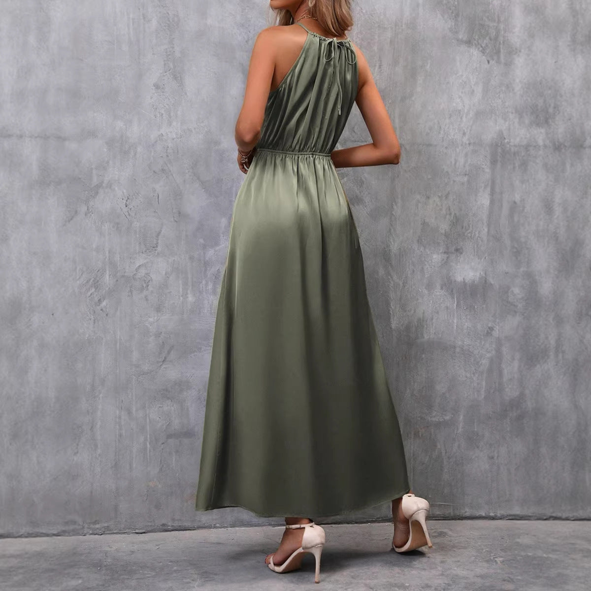 Women's Satin Halter Maxi Dress with Tie-Front and Side Slit | Chloe