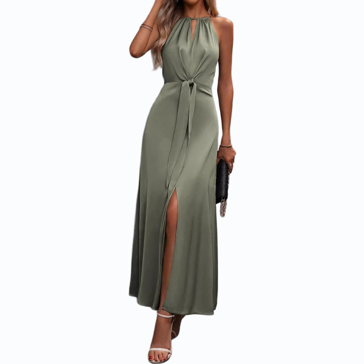 Women's Satin Halter Maxi Dress with Tie-Front and Side Slit | Chloe