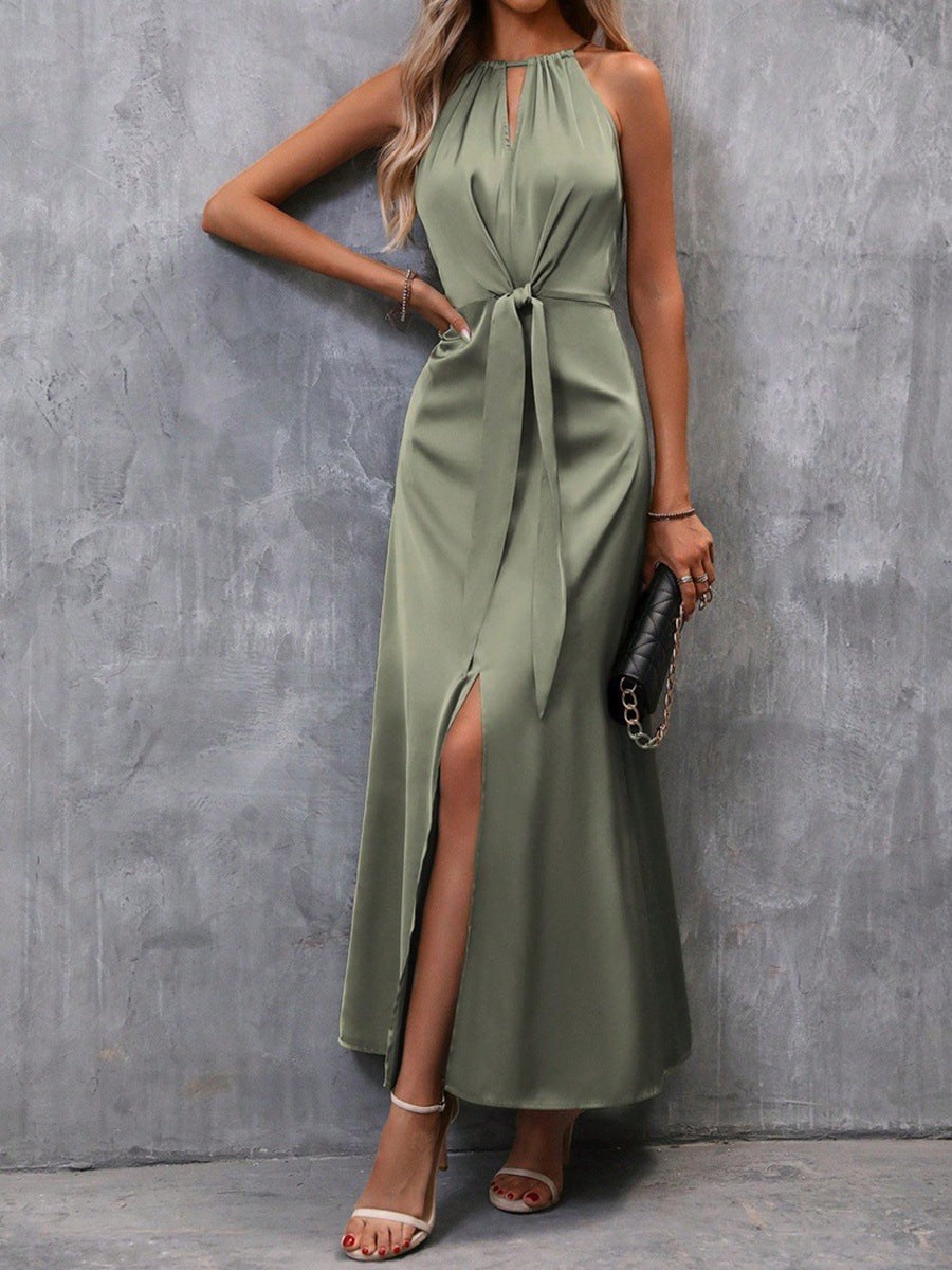 Women's Satin Halter Maxi Dress with Tie-Front and Side Slit | Chloe