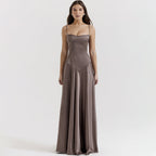 Women's Satin Maxi Dress with Corset-Tie Open Back | Freya