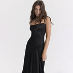 Women's Satin Maxi Dress with Corset-Tie Open Back | Freya