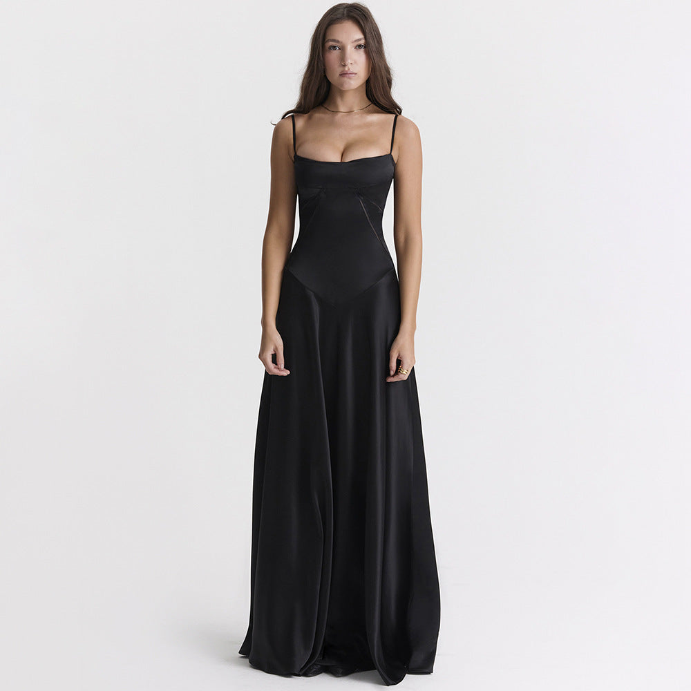 Women's Satin Maxi Dress with Corset-Tie Open Back | Freya