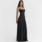 Women's Satin Maxi Dress with Corset-Tie Open Back | Freya