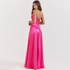 Women's Satin Maxi Dress with Corset-Tie Open Back | Freya