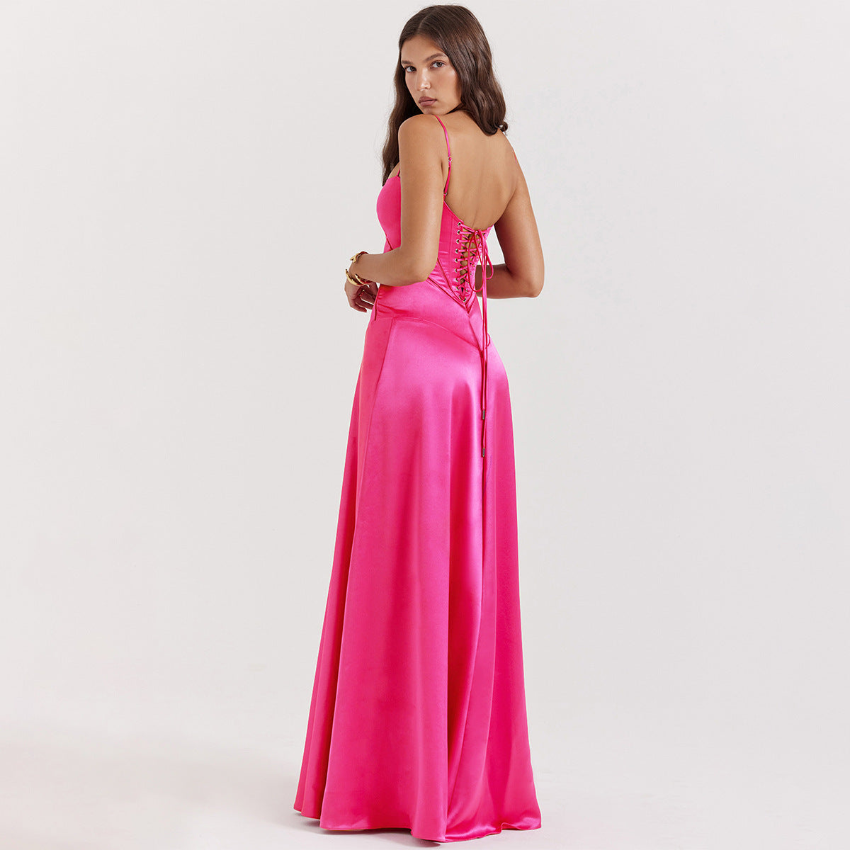 Women's Satin Maxi Dress with Corset-Tie Open Back | Freya