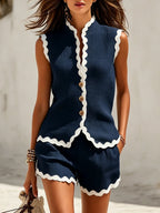 Women's Scalloped Trim Linen Two-Piece Set with Shorts | Una