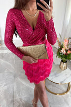 Women's Sequin Fringe Mini Dress with V-Neck Long Sleeves | Scarlett