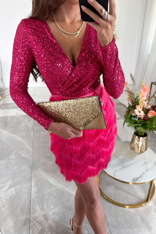 Women's Sequin Fringe Mini Dress with V-Neck Long Sleeves | Scarlett