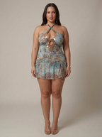 Women's Sequin Halter Mini Dress in Tie-Dye Animal Print | Genevieve