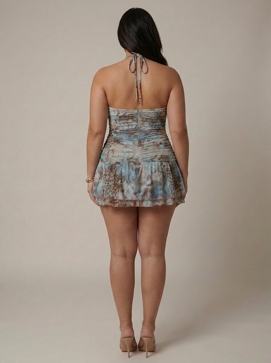 Women's Sequin Halter Mini Dress in Tie-Dye Animal Print | Genevieve