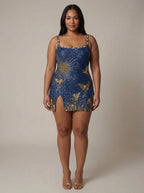 Women's Sequin Mini Dress with Sunburst & Butterfly Embroidery | Octavia