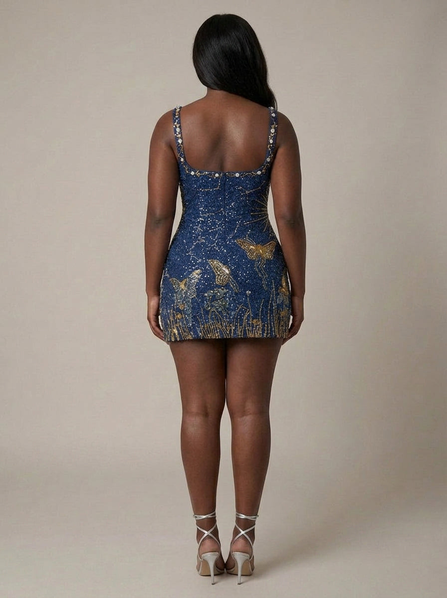 Women's Sequin Mini Dress with Sunburst & Butterfly Embroidery | Octavia