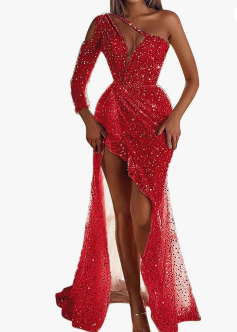 Women's Sequin One-Shoulder Evening Gown with Thigh Slit | Lucy