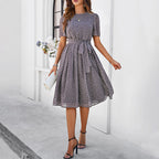 Women's Short Sleeve Polka Dot Belted Midi Dress with Flared Hem | Violet