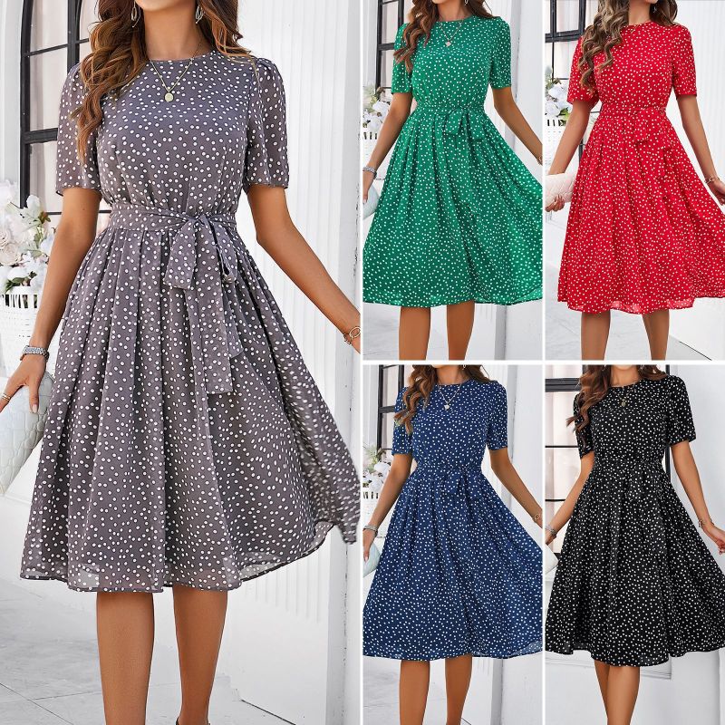 Women's Short Sleeve Polka Dot Belted Midi Dress with Flared Hem | Violet