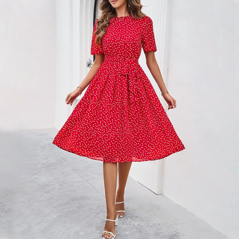 Women's Short Sleeve Polka Dot Belted Midi Dress with Flared Hem | Violet