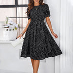 Women's Short Sleeve Polka Dot Belted Midi Dress with Flared Hem | Violet