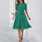 Women's Short Sleeve Polka Dot Belted Midi Dress with Flared Hem | Violet