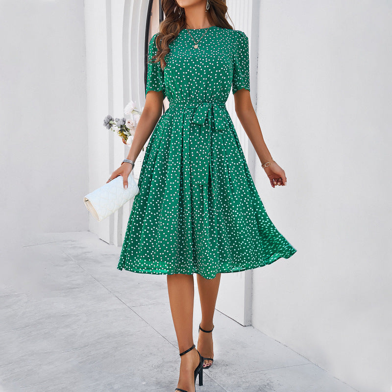 Women's Short Sleeve Polka Dot Belted Midi Dress with Flared Hem | Violet