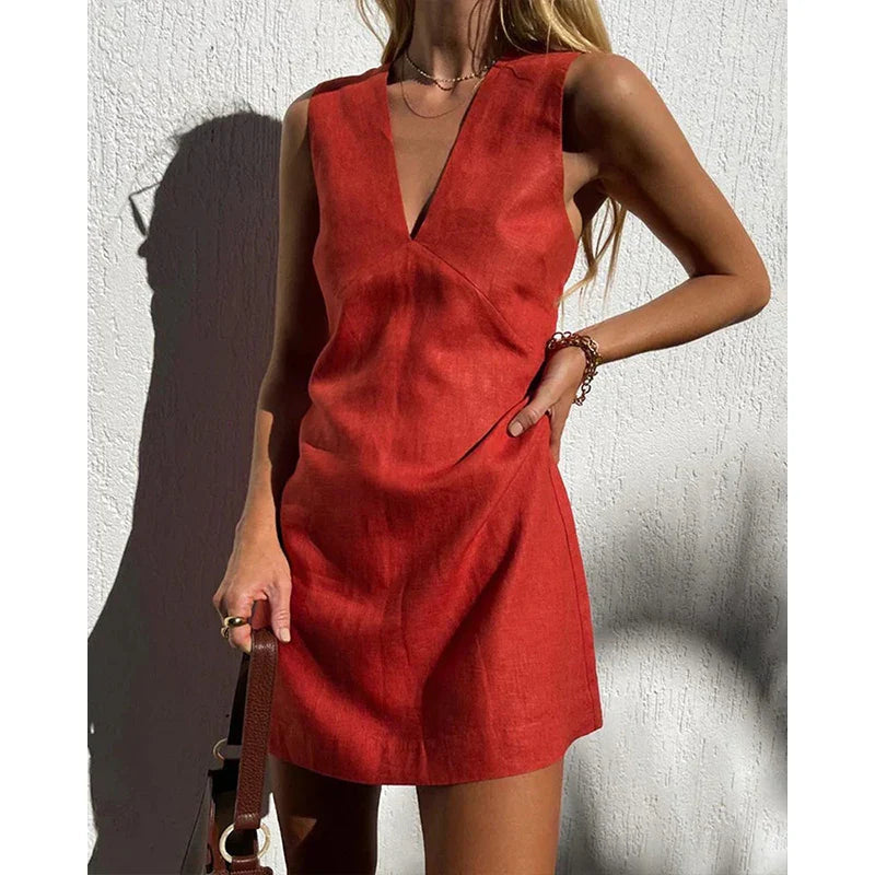 Women's Sleeveless Linen V-Neck Wrap Mini Dress | Una