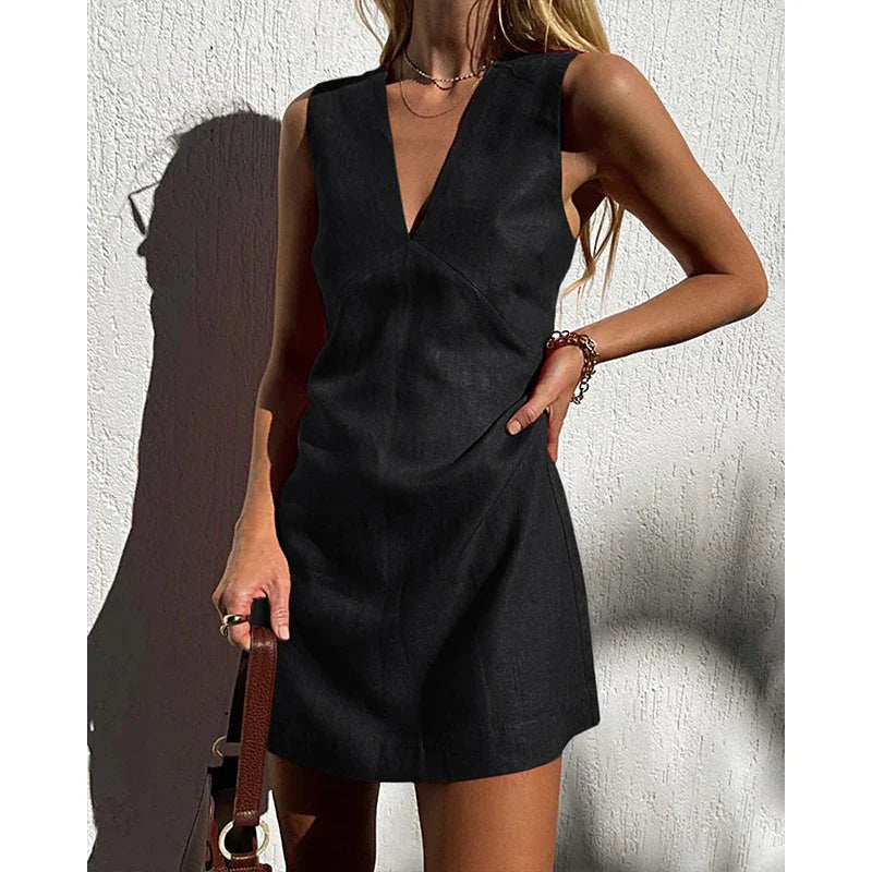 Women's Sleeveless Linen V-Neck Wrap Mini Dress | Una