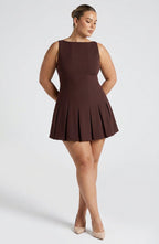 Women's Sleeveless Pleated A-Line Mini Dress with Boat Neckline | Heidi