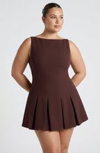 Women's Sleeveless Pleated A-Line Mini Dress with Boat Neckline | Heidi