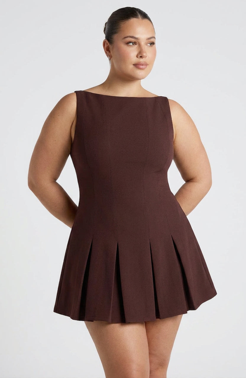 Women's Sleeveless Pleated A-Line Mini Dress with Boat Neckline | Heidi