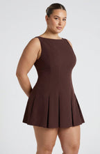 Women's Sleeveless Pleated A-Line Mini Dress with Boat Neckline | Heidi