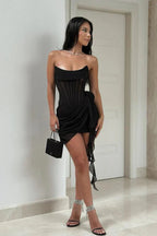 Women's Strapless Corset Mini Dress with Sheer Panel & Draped Hem | Amelia