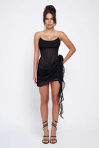 Women's Strapless Corset Mini Dress with Sheer Panel & Draped Hem | Amelia