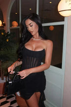 Women's Strapless Corset Mini Dress with Sheer Panel & Draped Hem | Amelia
