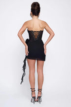Women's Strapless Corset Mini Dress with Sheer Panel & Draped Hem | Amelia