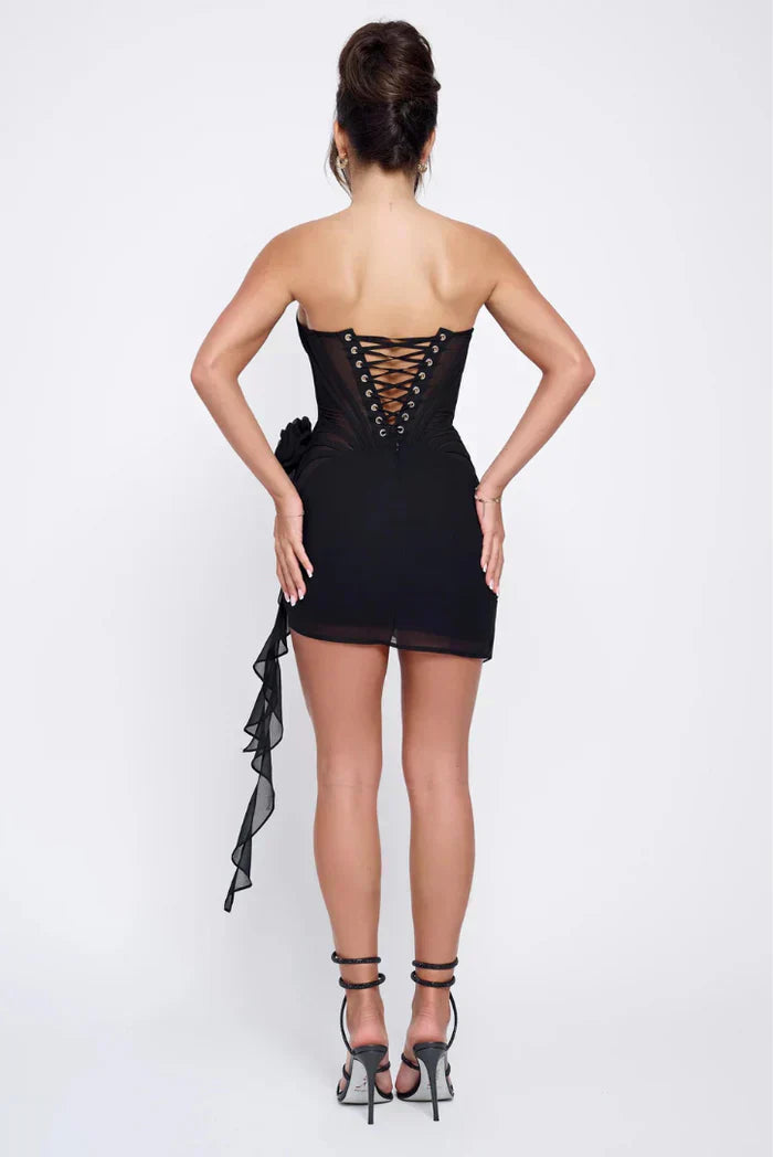 Women's Strapless Corset Mini Dress with Sheer Panel & Draped Hem | Amelia