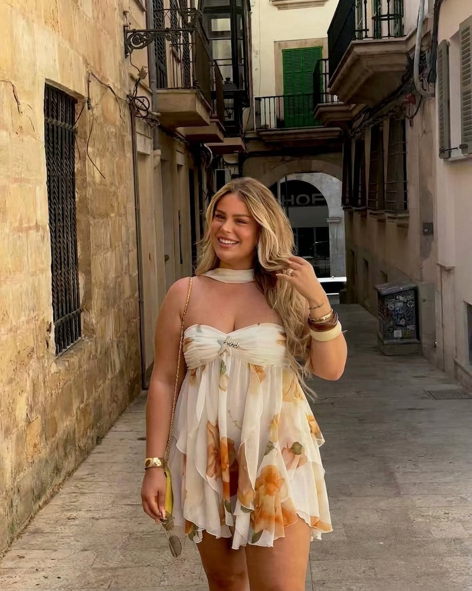 Women's Strapless Floral Mini Dress with Tiered Ruffle Hem | Jade
