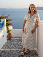Women's Striped V-Neck Midi Dress, Cross Waist Detail | Sienna
