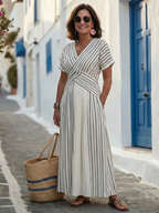 Women's Striped V-Neck Midi Dress, Cross Waist Detail | Sienna