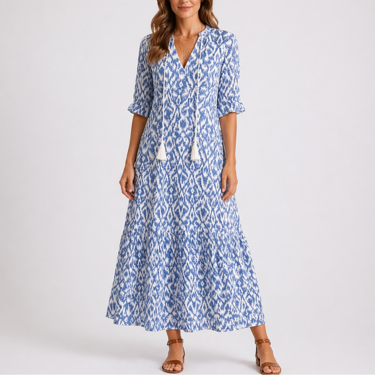 Women's Tassel Tie-Neck Ikat Print Maxi Dress | Brianna