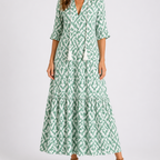 Women's Tassel Tie-Neck Ikat Print Maxi Dress | Brianna